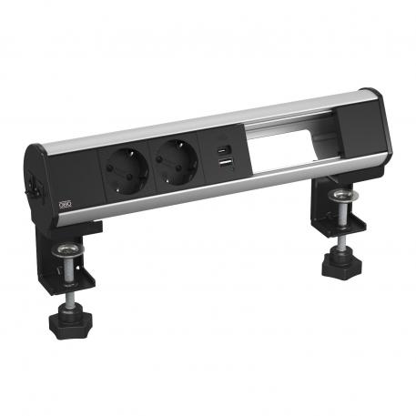Deskbox s upevňovací svěrkou, 2× zásuvka VDE, USB nabíječka