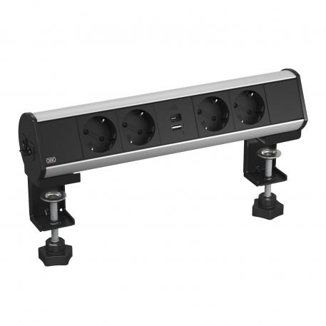 Deskbox s upevňovací svěrkou, 4× zásuvka VDE, USB nabíječka